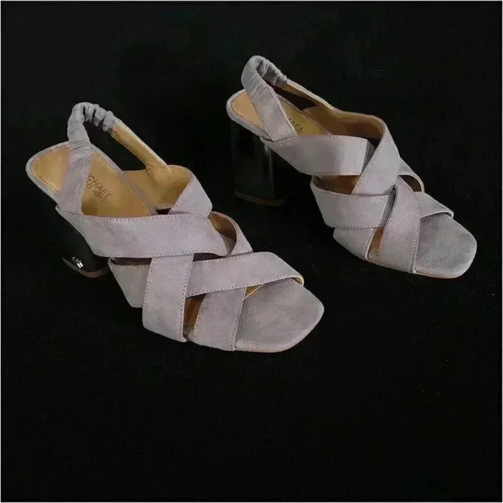 Michael Kors Dixon Heeled Sandals Dove Gray Women's 6 M Open Toe Suede Strappy